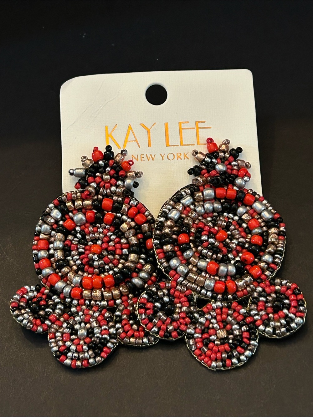Boho Colorful Red & Black Hand Beaded Spiral Design Statement Drop Earrings